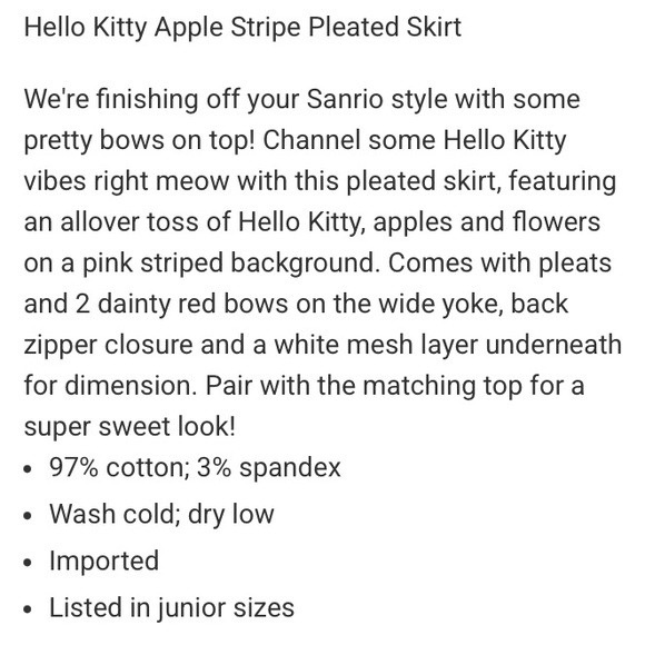 SANRIO HELLO KITTY Apple Stripe Pleated SKIRT! Cute Bows Pink Cotton Kawaii Cats - Picture 4 of 4